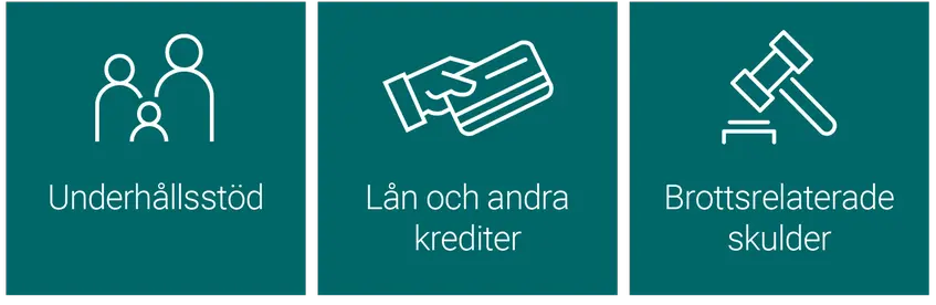 Underhållsstöd, lån och andra krediter, brottsrelaterade skulder.