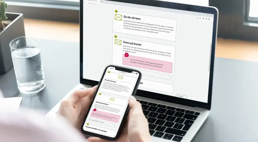 Bilden visar en dator och en telefon med verktyget Så funkar det.