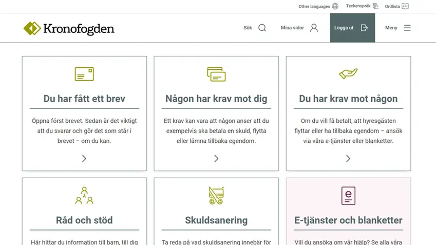 Startsidan för kronofogden.se med ikon som visar att man är inloggad