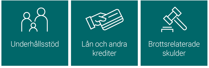 Underhållsstöd, lån och andra krediter, brottsrelaterade skulder.
