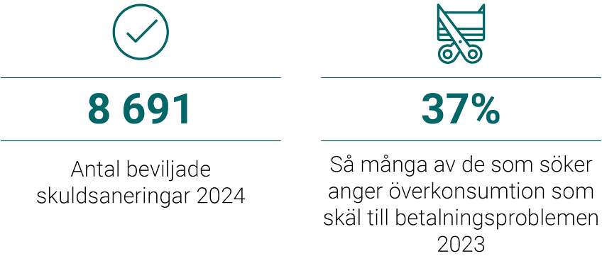 Antal beviljade skuldsaneringar 2024: 8691. 37 % av de som söker anger överkonsumtion som skäl till betalningsproblemen 2023.